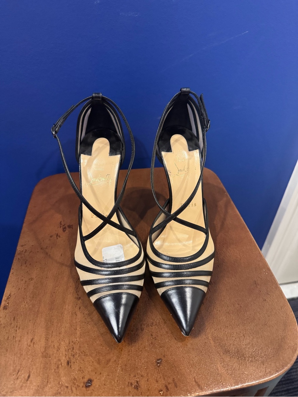 Christian Louboutin Black and Beige Striped Pointed-Toe Ankle-Strap Heels